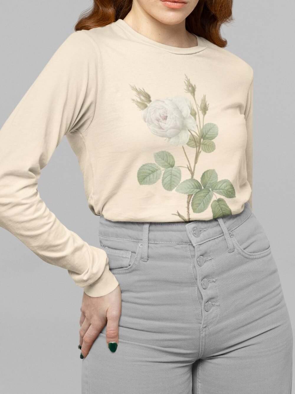 Rose Vintage Floral Print Long Sleeve Graphic Tee T-shirt S-XXL